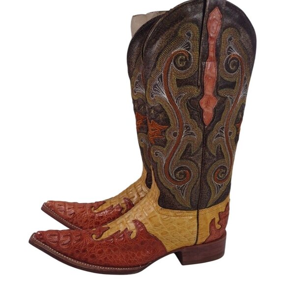New El General Crocodile Skin Embroidered Red Yellow Brown Cowboy Boots Sz 6.5 - Picture 1 of 9